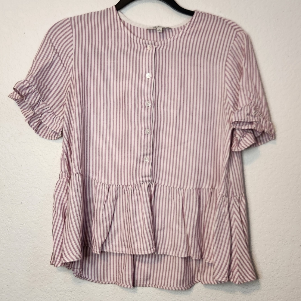 Madewell Ruffle-Hem Striped Top with Ruffled Sleeves, Size S